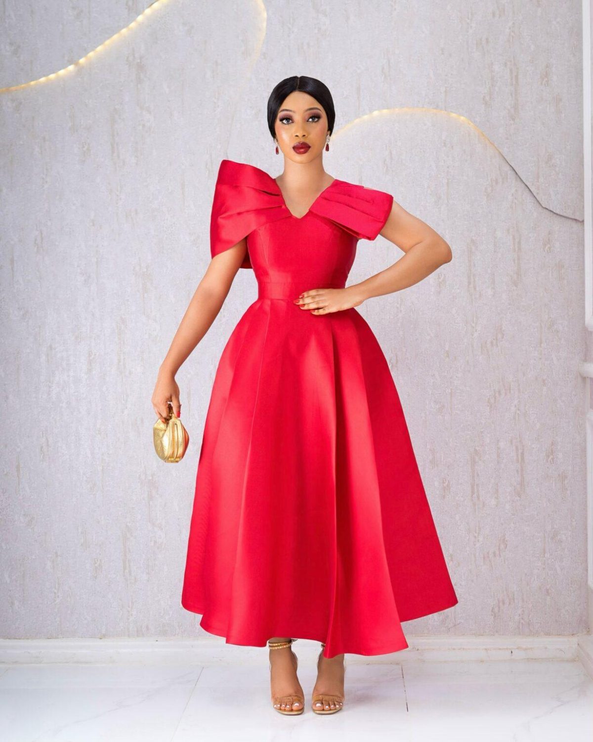 Off Shoulder Bubble Ruffle Detail Fit-and-Flare Midi Dress (3172