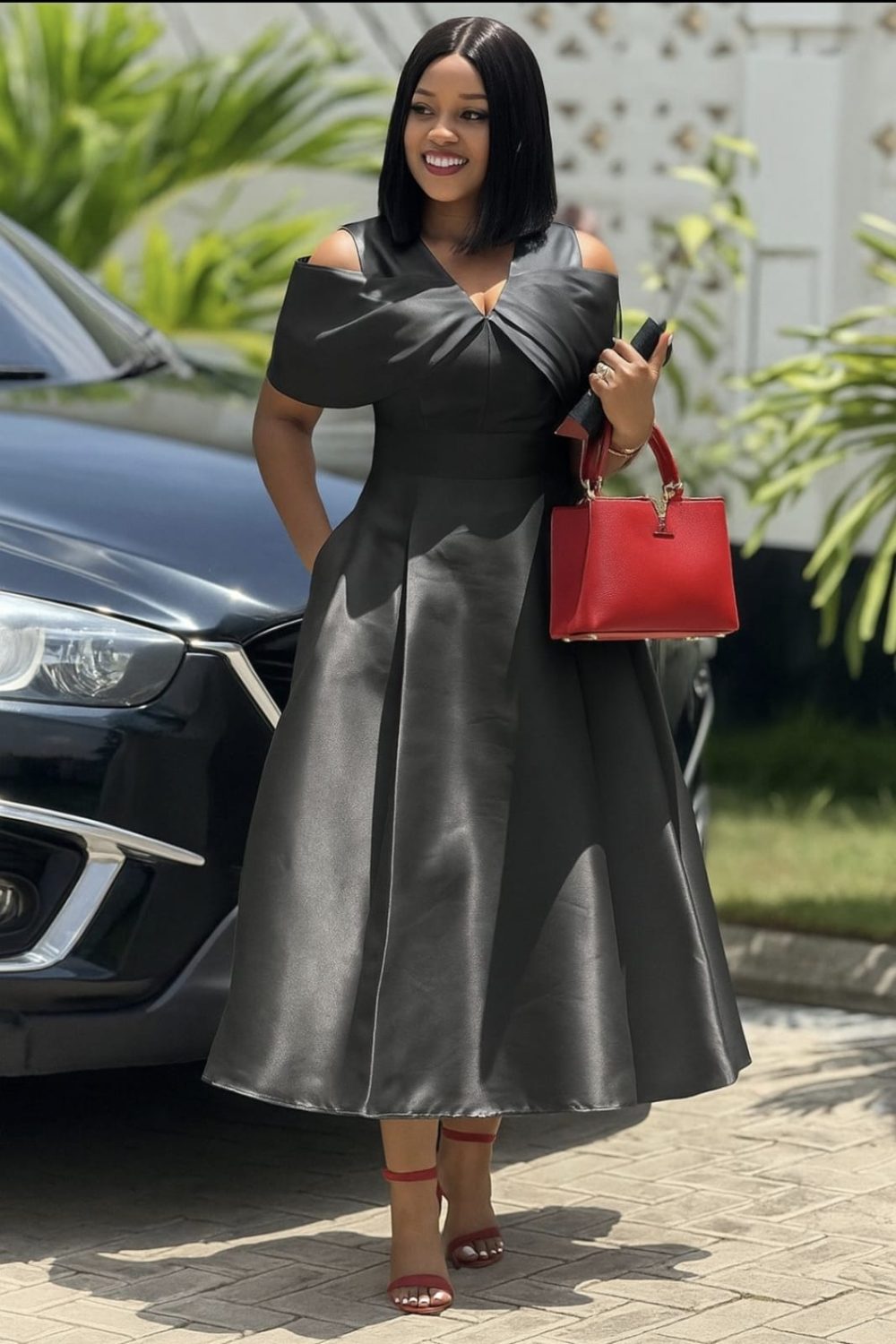 Off Shoulder Bubble Ruffle Detail Fit-and-Flare Midi Dress (3172