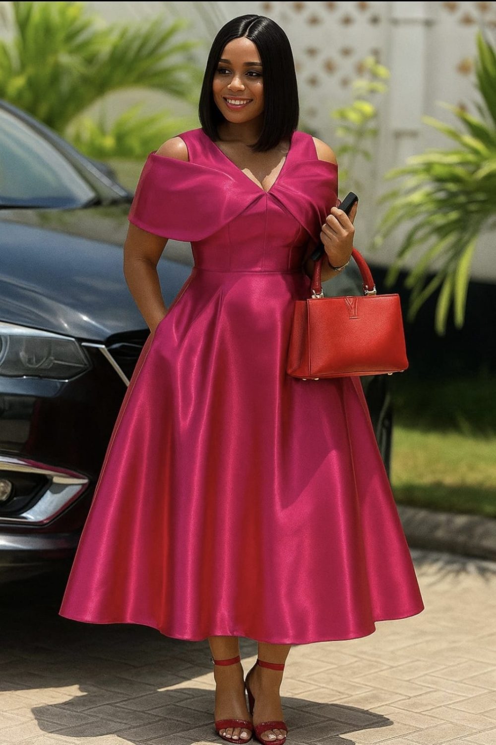 Off Shoulder Bubble Ruffle Detail Fit-and-Flare Midi Dress (3172