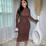 Long-sleeved, ruched mesh bodycon midi dress (20140)