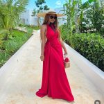 Halter neck ruched maxi dress(A1608)
