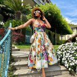 A-line midi dress with a vibrant, multi-color floral print (21733)