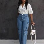 High-waisted cargo denim pants (5357)