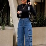 High-waisted cargo denim pants(365)