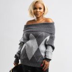 Off-the-shoulder argyle knit sweater (5522)