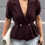 Lapel Collar Puff Sleeve Waistcoat Style Wrap Top (13609)