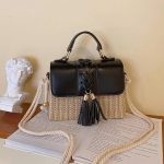 Boho-chic woven straw and faux leather crossbody bag (375)