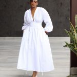 Deep V-Neck Long-Sleeve Drawstring Midi Dress (3729)
