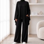 Turtleneck Poncho Top and Wide-Leg Pants Set (5016)