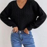 Classic Long-Sleeve Cable-Knit V-Neck Sweater (5417)