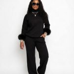 Faux-fur cuff knit sweater and pants lounge set (5640)