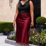 Satin Bias-Cut Midi Skirt with Lace Trim Hem (3886)